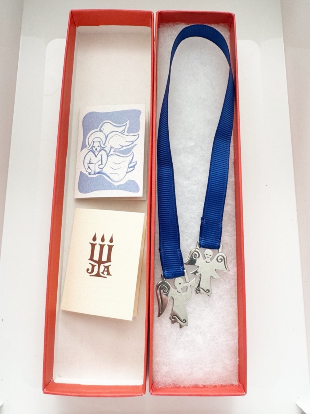 Retired James Avery 925 Silver Angel Pair Bookmark with Royal Blue Ribbon